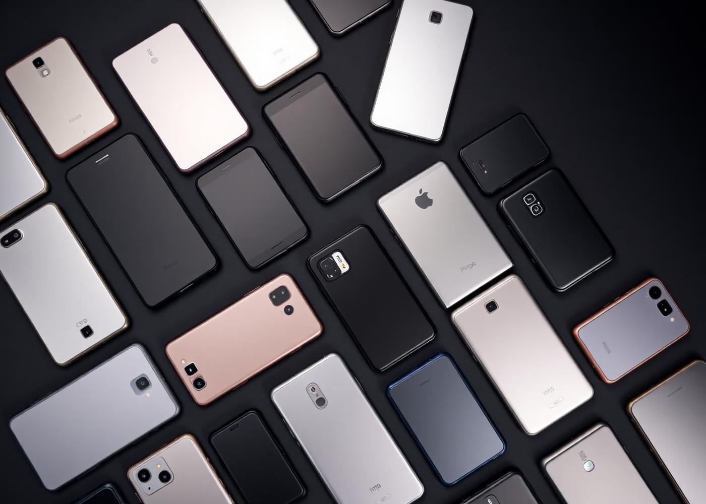 Graded smartphones arranged in rows on a testing bench