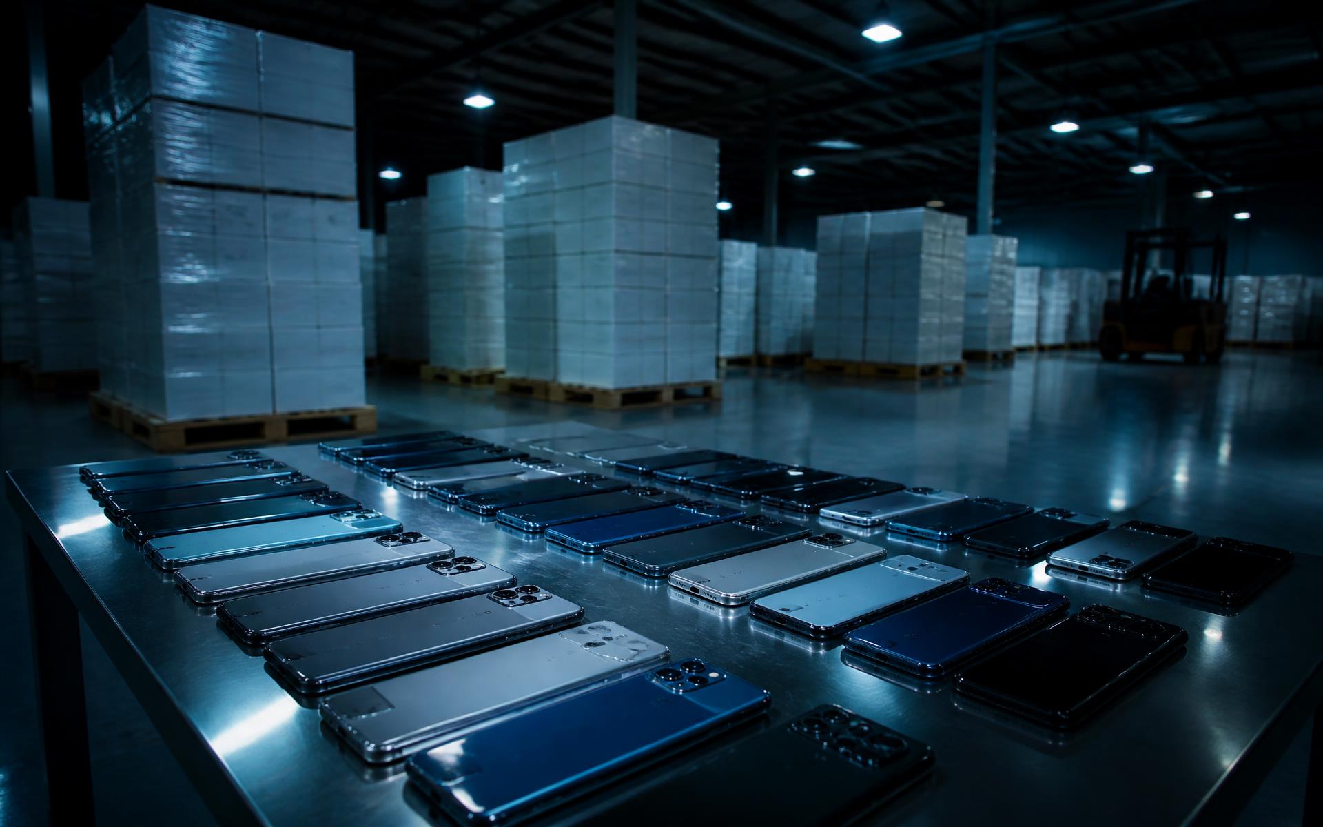 AHM Cellular warehouse with pallets of boxed smartphones ready for wholesale shipment
